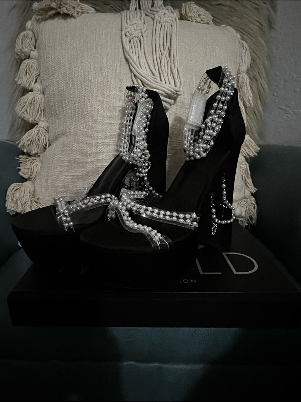 Black Pearl-Embellished Platform Heels